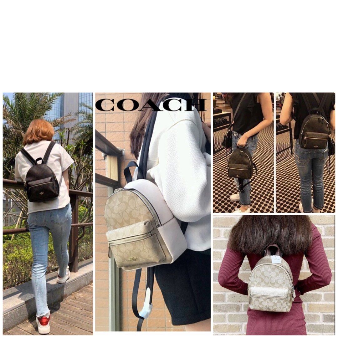 COACH CHARLIE Signature monogram Canvas Women Small holiday Leather Backpack Girls logo gold silver Classy ladies Travel young woman zips bag lady