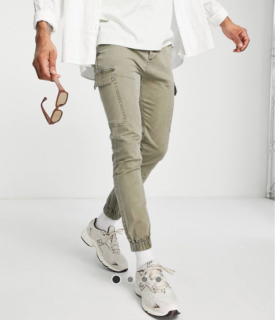ASOS Washed Khaki Olive Cuffed Cargo Pants Trousers Men s Fashion