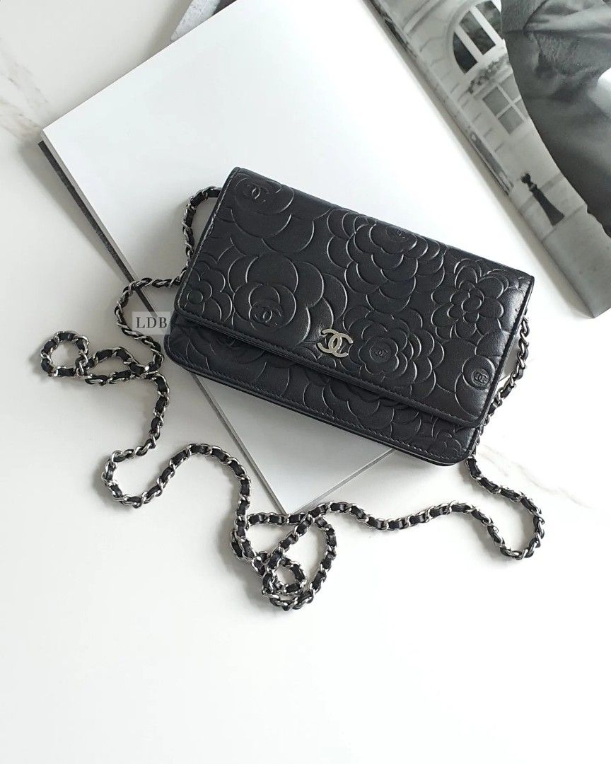 Authentic Cha nel Wallet On Chain Black Lamb Camellia Silver
