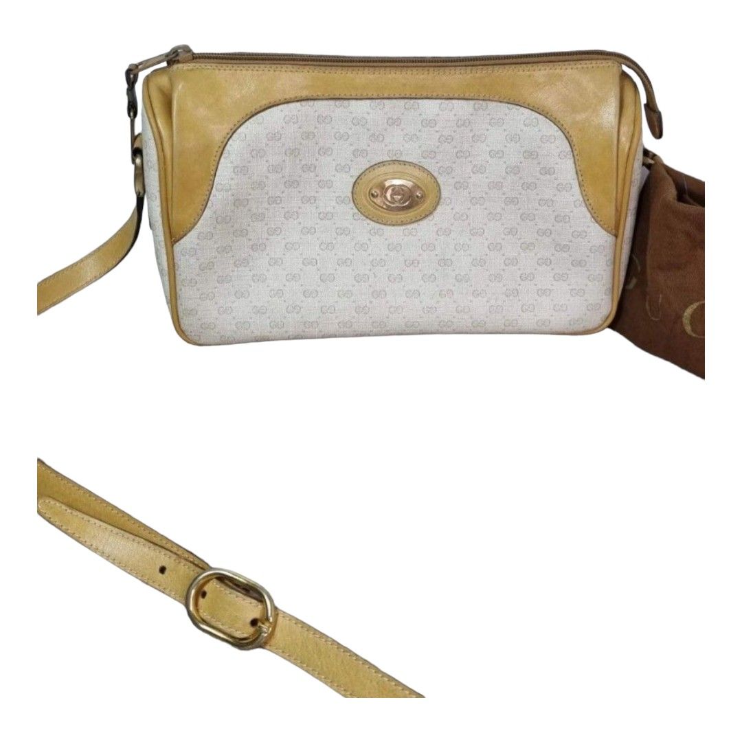 Authentic GUCCI sling bag (Category: Luxury Bags & Wallets) located in Quezon City. Submitted by manerarestorationservices (Listing ID 1213789344, Image 1). Description: SALE SALE SALE❗❗❗ Money back Guarantee 💯% Guaranteed authentic *Brand: GG *Color: light yellow & white m9nigram *Size: small / W: 10 x H: 6 Inches *Condition: 8/10 never been spa -Used * Inclusions: bag with dustbag 10 : Brand-new or New with tag 9 : Like new,only used a couple 