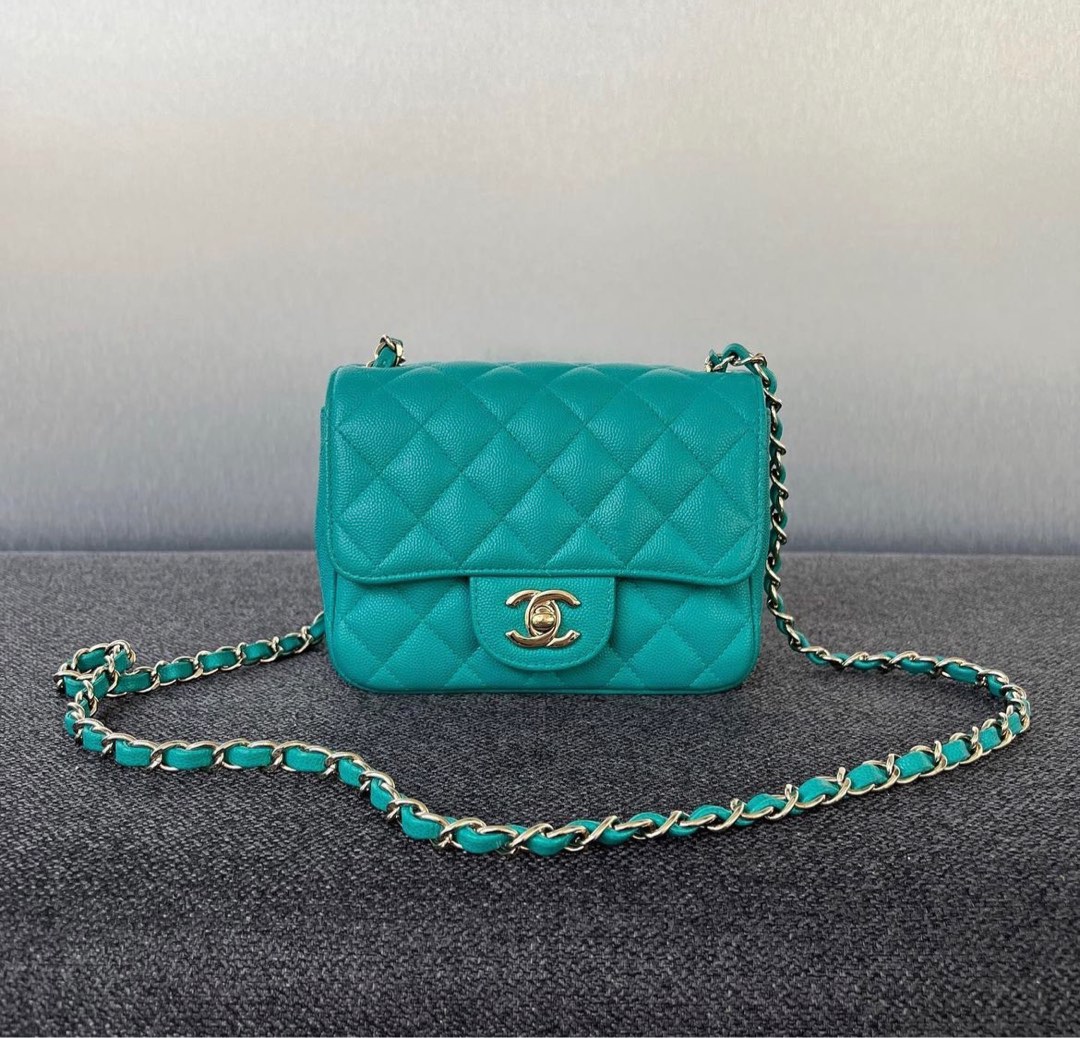 Chanel Mini Square Flap Caviar Turquoise blue/ Lghw, Luxury, Bags & Wallets  on Carousell