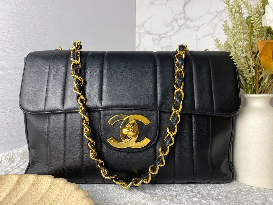 Chanel Black Chevron Quilted Caviar Jumbo Envelope Flap Bag Gold Hardware, 1994-1996