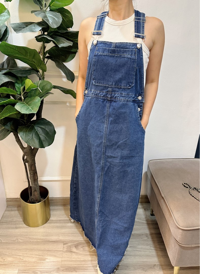 Denim dungaree maxi, Women's Fashion, Dresses & Sets, Jumpsuits on Carousell