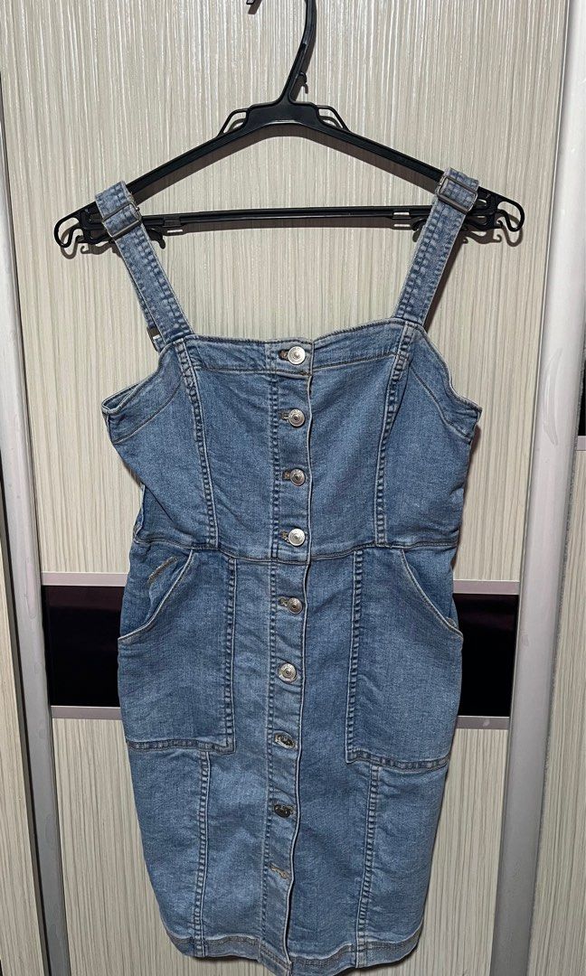 H M Denim Pinafore Dress Women s Fashion Dresses Sets Dresses on Carousell