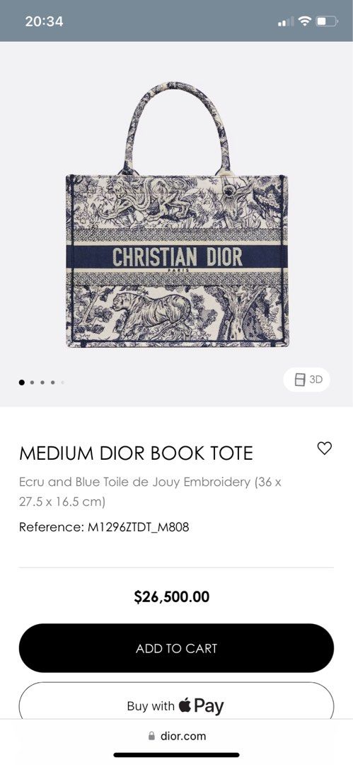 Medium Dior Book Tote Ecru and Blue Toile de Jouy Embroidery (36 x 27.5 x  16.5 cm)