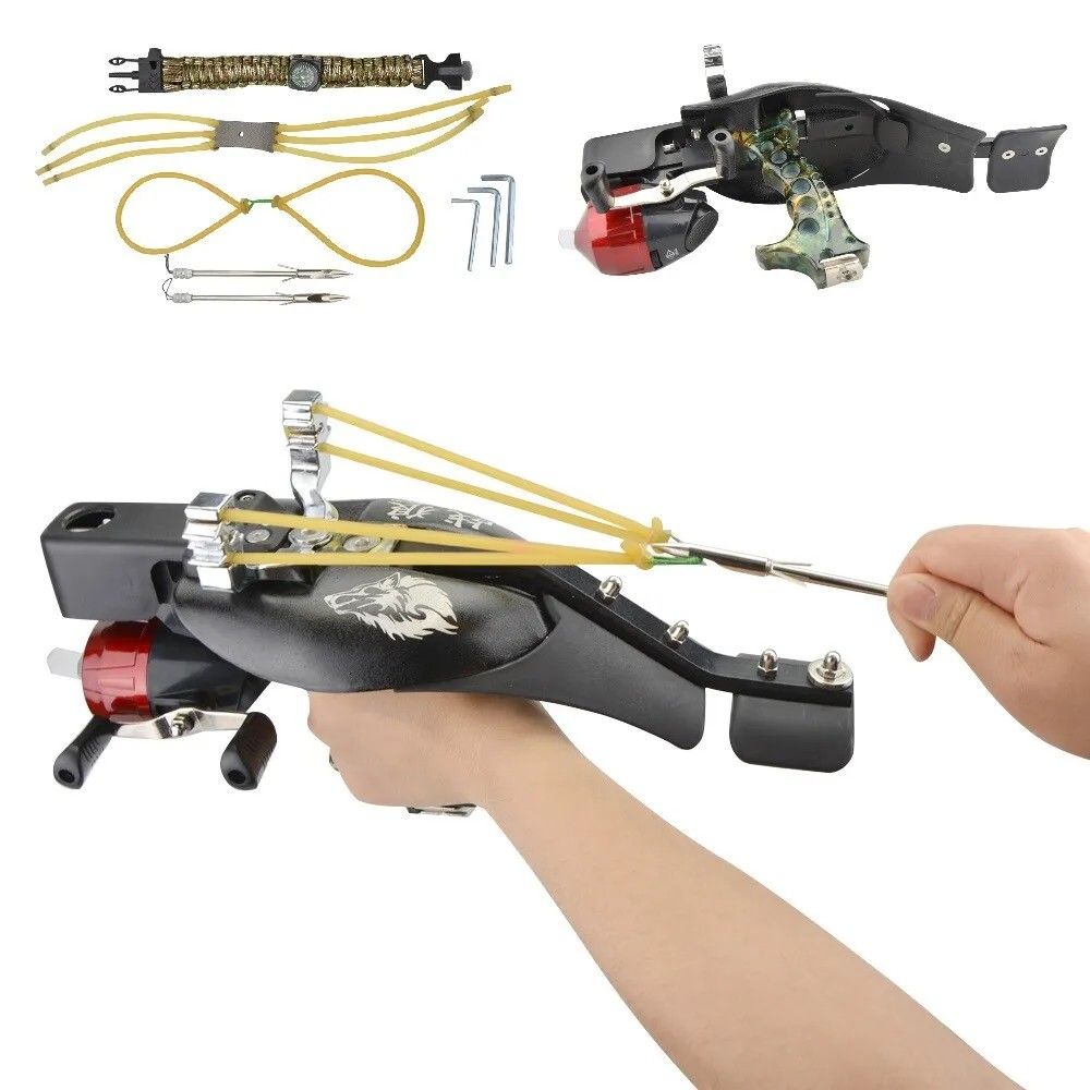 Fishing Slingshot Set Catapult Bow Bowfishing Darts Reel Archery Hunting  Fishing, Sports Equipment, Fishing on Carousell