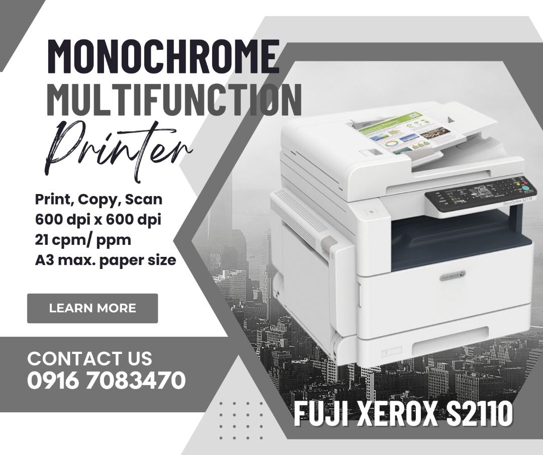 Fuji Xerox A3 Monochrome MFP printer (Category: Printers, Scanners & Copiers) located in Caloocan City. Submitted by behind.boxes (Listing ID 1240873060, Image 1). Description: "BRAND NEW MONOCHROME MFP PRINTER SALE" The DocuCentre S2110 is designed to be environmentally & workplace friendly. The device is equipped with technology that minimizes ultrafine particle (UFP*1) emissions Brand New A3 Mono MFD Copy-Print-Color Scan 21ppm Reduce and Enla