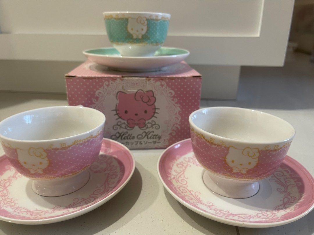 Hello Kitty Tea cup & saucer (Category: Coffee & Tea Tableware) located in Singapore. Submitted by seahan (Listing ID 1240887145, Image 1). Description: Brand new in box 2 pink and 1 green 1 for $20 3 for $45 Self collect at hillview .