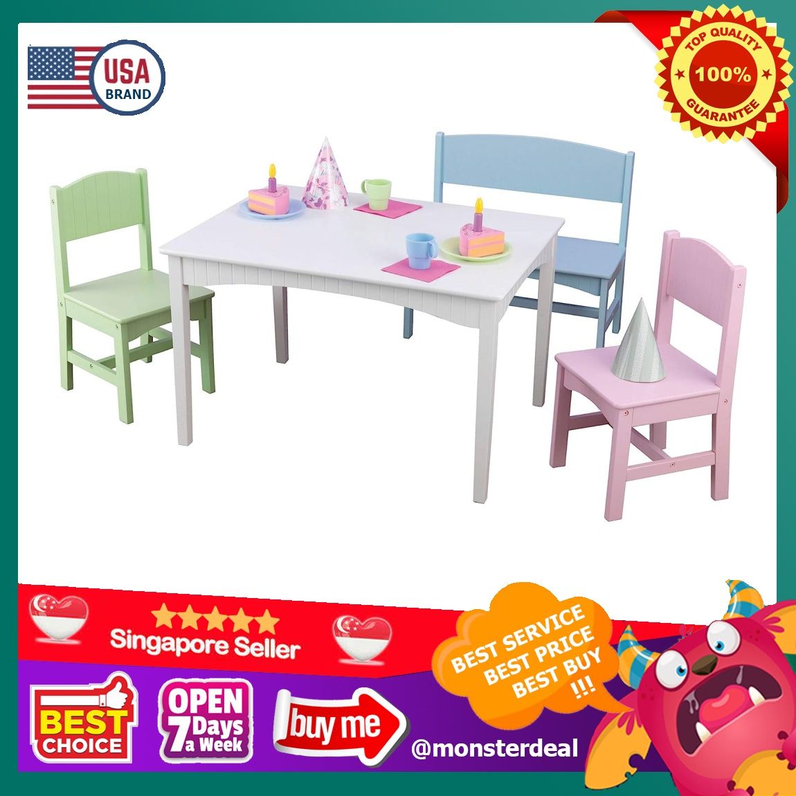 KidKraft Nantucket Wooden Table with Bench and 2 Chairs Multicolored Children s Furniture Pastel Gift for Ages 3 8 Classic