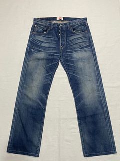 Levi's levis 501 W32 L34 二手經典深藍刷白刷紋501直筒牛仔褲, 他的