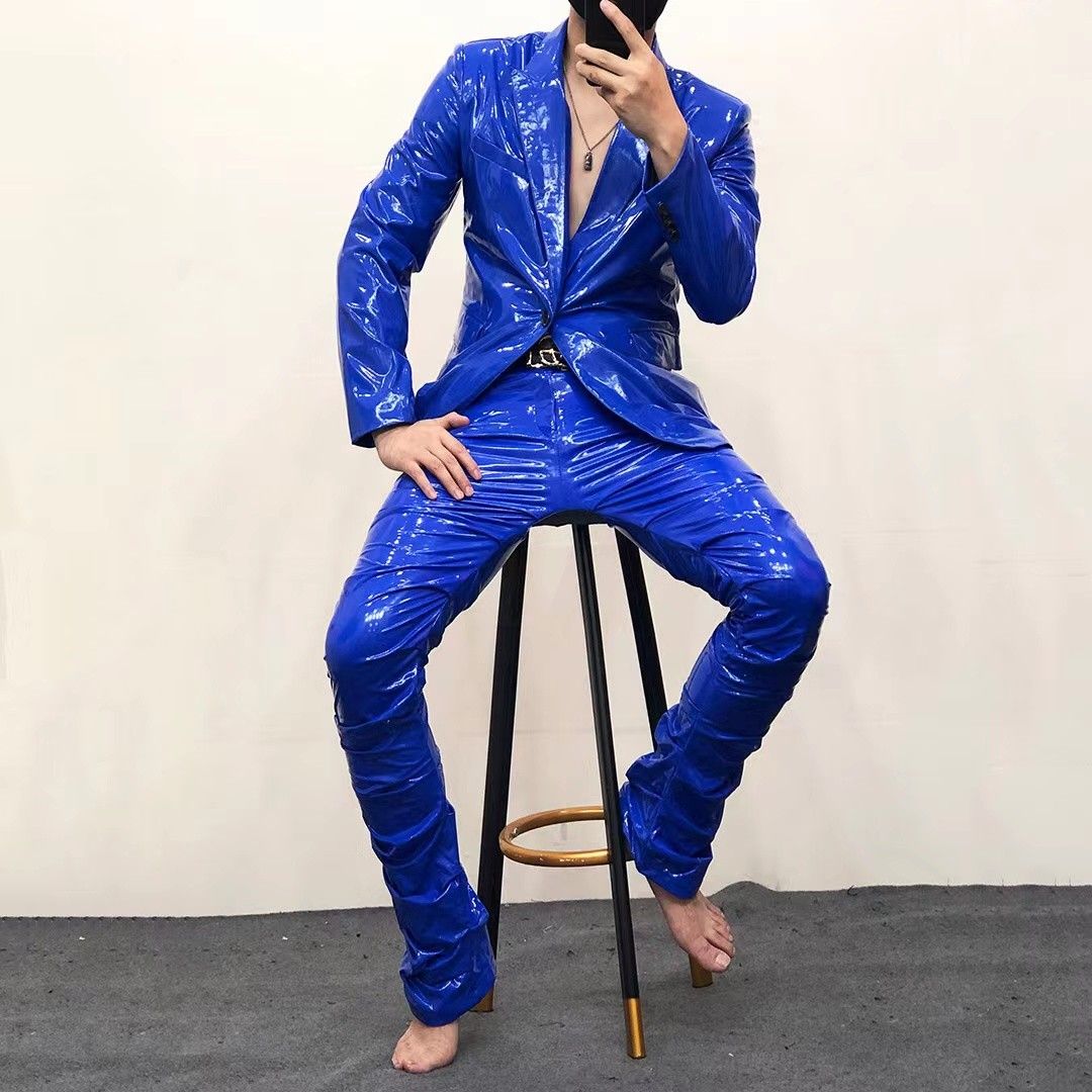 Men Pu leather jacket pants suit red blue green yellow black orange silver suit size S 6XL. Pu leather pants Pu leather suit men