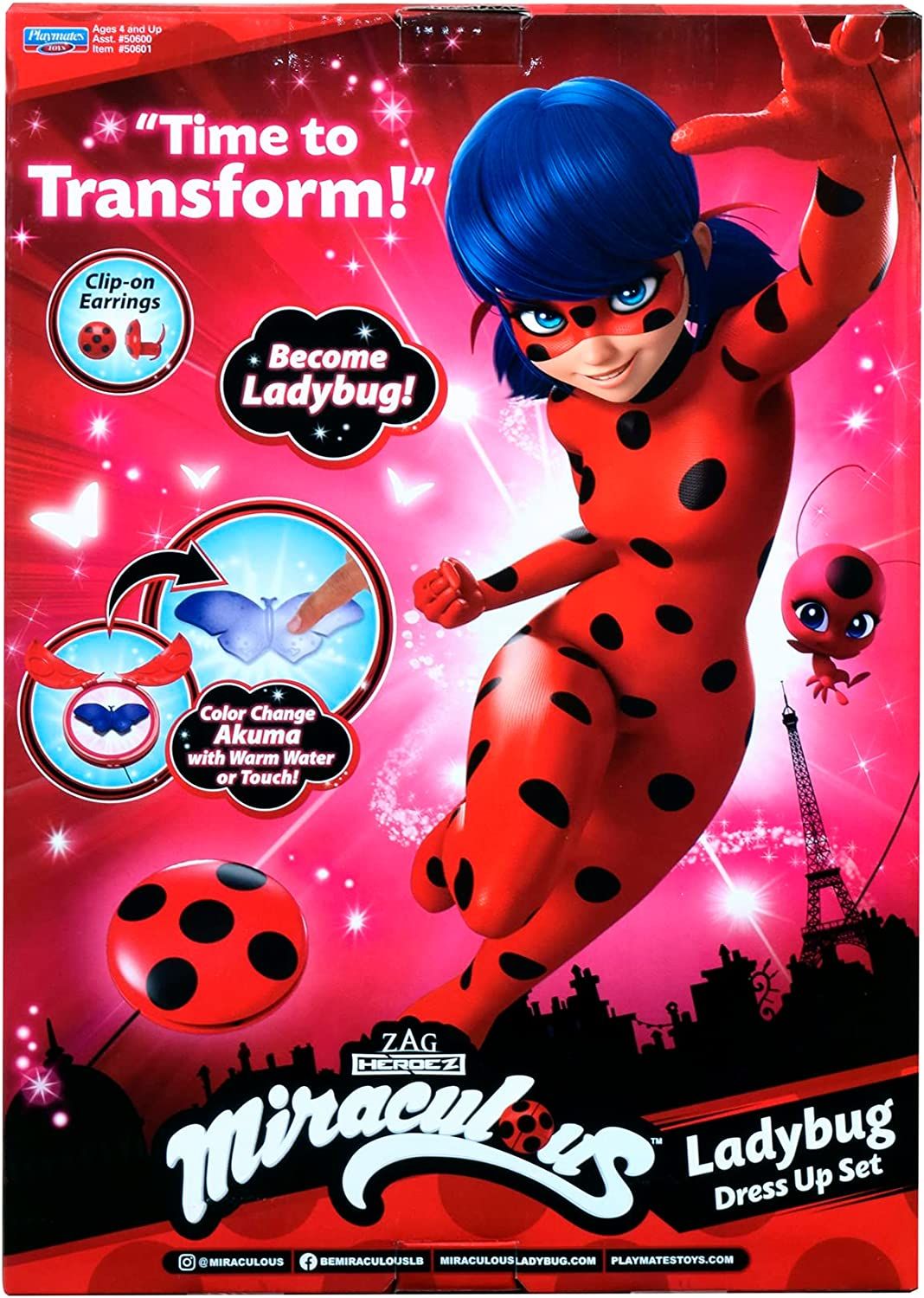 Miraculous Ladybug Dress Up Set with Yoyo, Color Change Akuma, Tikki