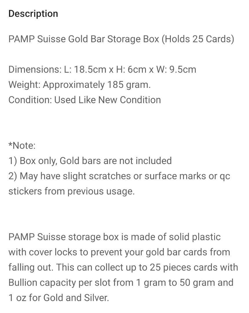 PAMP Suisse Gold Bar Storage Box for Gold Bar box Collectors