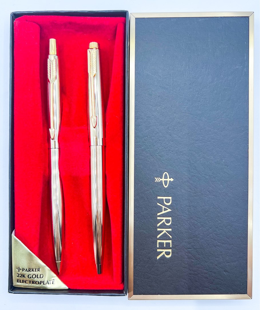 Parker 22k gold plated ballpoint pen and mechanical pencil set, Hobbies ...