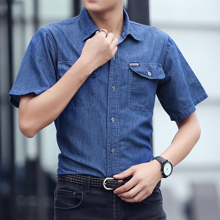 READY STOCK Men Plus Size Short Sleeve Chest Pockets Denim Jeans