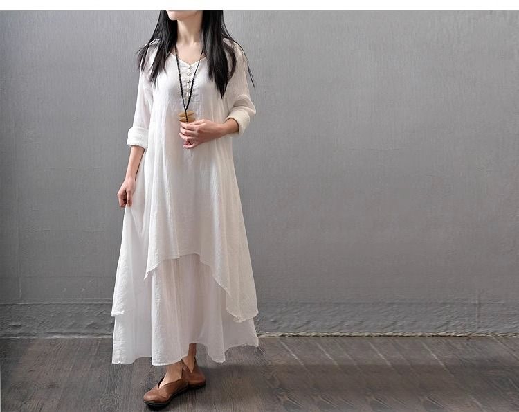 READY STOCK Women Long Sleeve Layered Holiday Maxi Linen One
