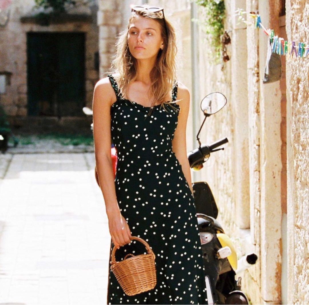 Romantic Green Polka Dot Midi Dress, Women's Fashion, Dresses