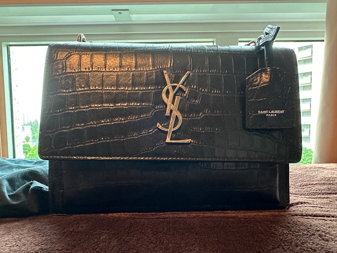 Saint Laurent Green Croc Embossed Leather Sunset Crossbody Bag Yves Saint  Laurent