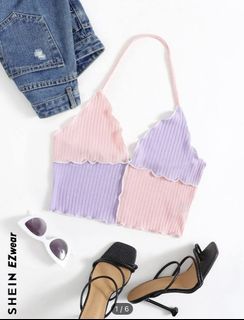 🥵辣妹可愛小背心🩷💜SHEIN Ezwear 小褶邊拼色繞頸上衣