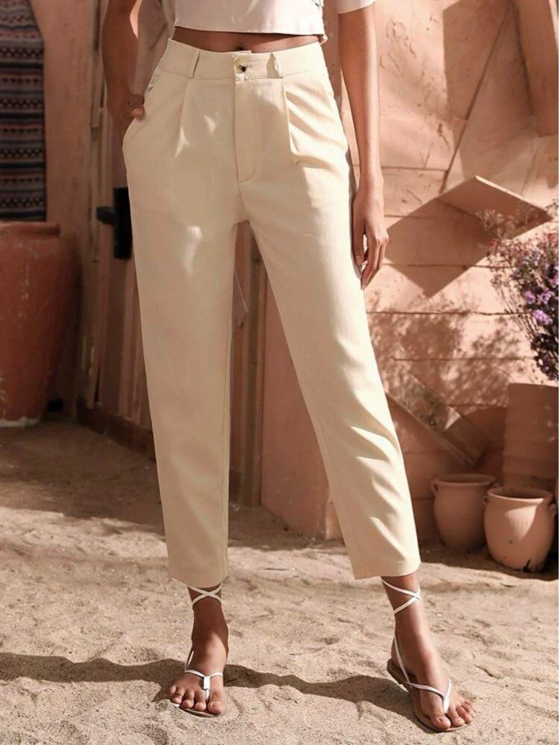 Shein Solid Fold Pleat Tailored Pants (Category: Other Bottoms) located in Taytay. Submitted by ac.declutters (Listing ID 1240972751, Image 1). Description: - used twice lang - super nice tela - just needs to be ironed hehe - shein doesn’t sell this anymore - fits 25-26 waistline! :)).