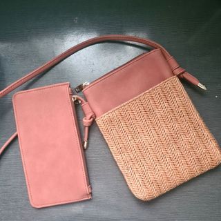 Sling bag with free wallet shoulder rattan weaved brown