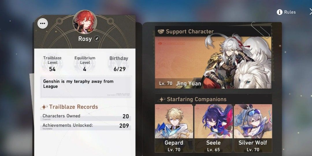 SELLING HONKAI STAR RAIL (Category: Others) located in Makati City. Submitted by league.enjoyer55 (Listing ID 1240850547, Image 3). Description: Jingyuan with Before Dawn 2x, Silverwolf with Before the Tutorial Mission Starts, Seele, E2 Gepard with Moment of Victory 2x, Himeko with Guaranteed on the next event 5-star character 4star characters are complete. Eldions include ; E6 Herta E4 Pela E3 Tingyun E3 Asta E3 Sushang E2 Qinque E2 March 7th E2