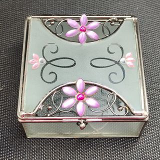 Square Glass and Metal Jewelry Box With Purple Flowers and Rhinestones