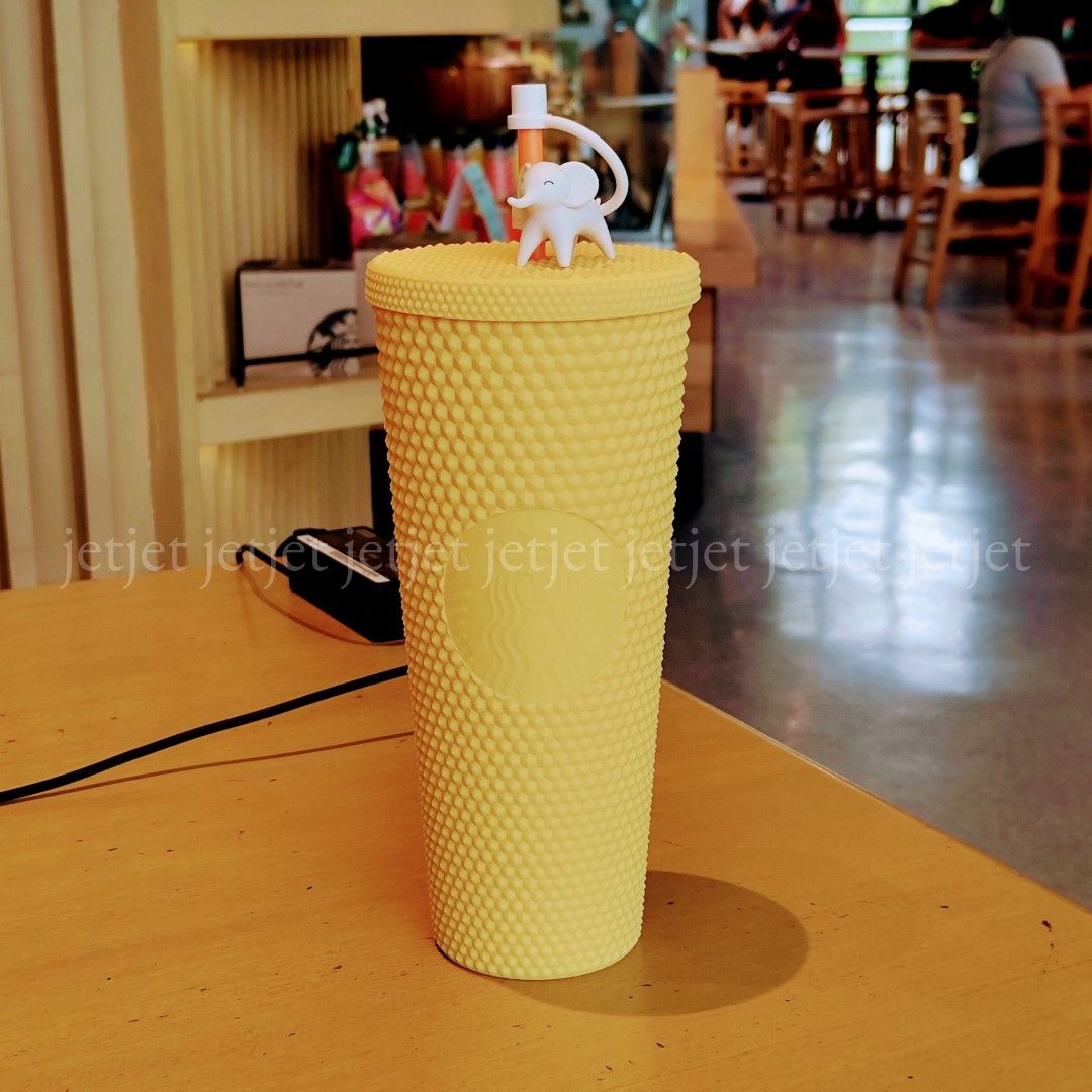 Starbucks Summer 2023 Yellow Bling Cold Cup with Elephant Stopper (24oz),  Furniture & Home Living, Kitchenware & Tableware, Water Bottles & Tumblers  on Carousell
