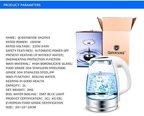 QUEENSENSE 1.7L Blue LED Light Electric Hot Water Glass Kettles