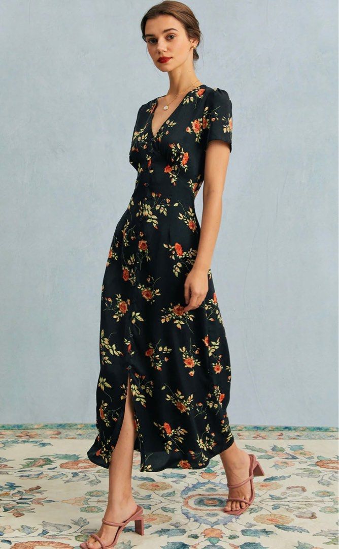 The Black V Neck Floral Short Sleeve Maxi Dress
