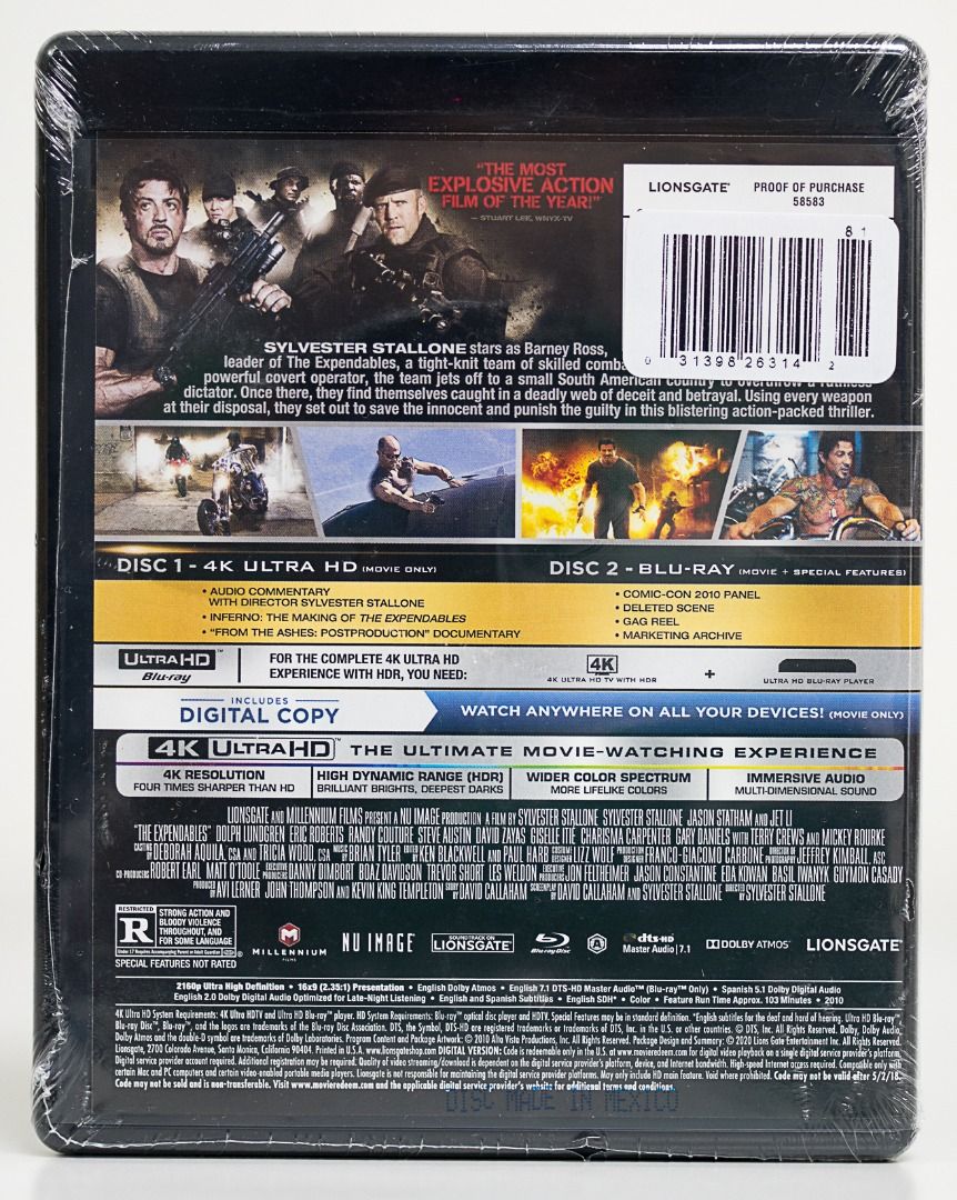 The Expendables 4K Blu-ray (Category: CDs & DVDs) located in Mandaluyong City. Submitted by bernartem (Listing ID 1240870171, Image 3). Description: Brand new and sealed Authentic and original US version 2-Disc Set (One 4K disc + One Blu-ray disc) HDR10, Dolby Atmos Starring Sylvester Stallone Jason Statham Jet Li Dolph Lundgren Eric Roberts Randy Couture Steve Austin David Zayas Giselle Itié Charisma Carpenter Gary Daniels Terry Crews Mickey Rou