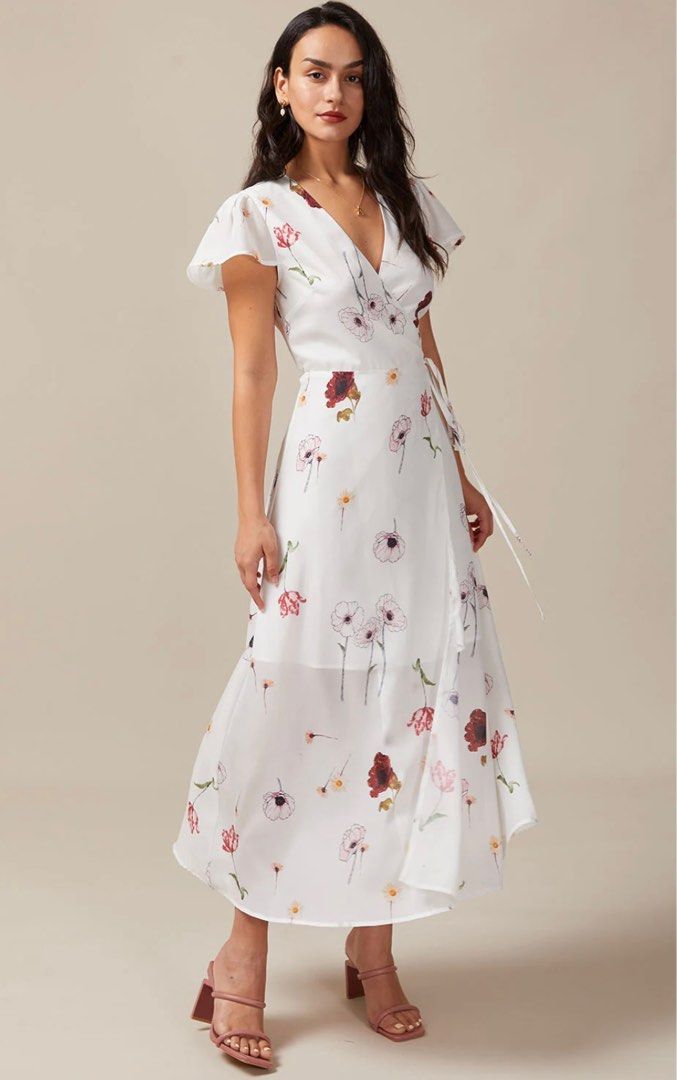White floral maxi wrap dress outlet