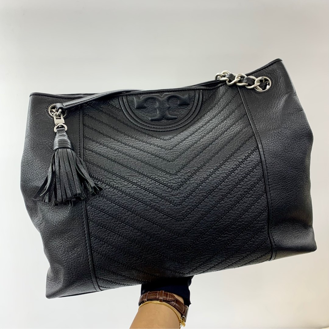 Fleming distressed leather top tote tory burch