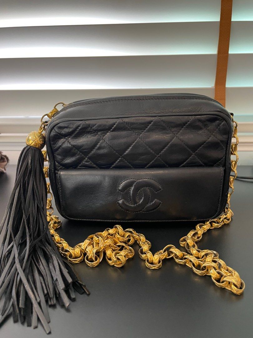 Vintage Chanel Small Diana Fringe Camera Bag Black Lambskin Gold Hardware