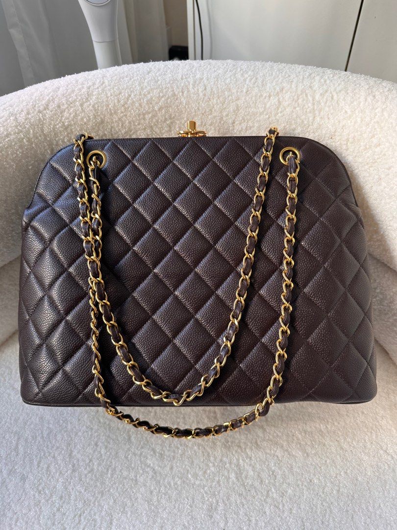 Chanel Chocolate Bar Kiss Lock Frame Chain Flap Bag Quilted Leather Medium  Black