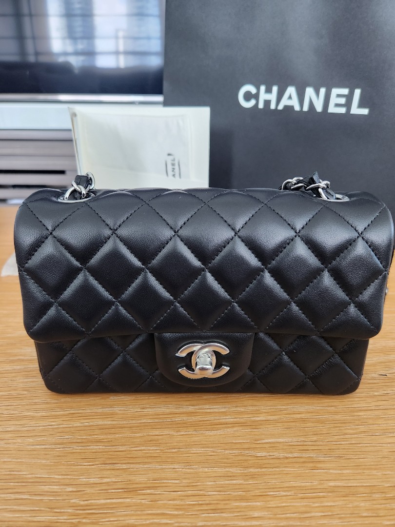 Brand New 23B Chanel Mini Flap Rectangle Black Lambskin on White/Silver  Hardware, Luxury, Bags & Wallets on Carousell