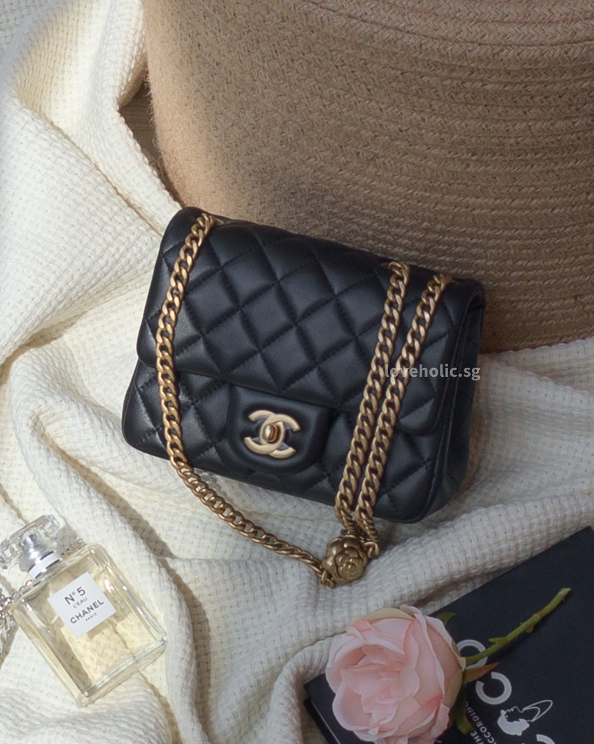 Chanel 23S Sweet Camellia Mini Square  Black Lambskin Brushed Gold  Hardware SKU 2117, Women's Fashion, Bags & Wallets, Cross-body Bags on  Carousell