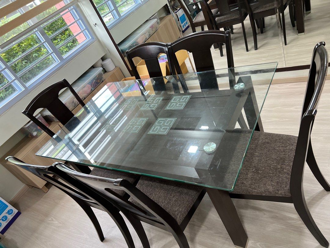 Dining Table Set (1 tempered glass table + 6 chairs), Furniture & Home ...