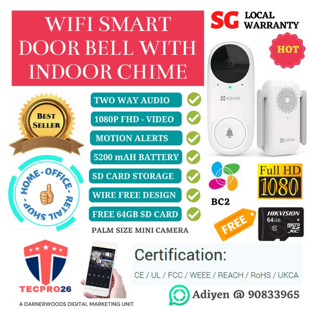 EZVIZ SMART WIRE FREE FULL HD DOORBELL WITH CHIME RECHARGEABLE