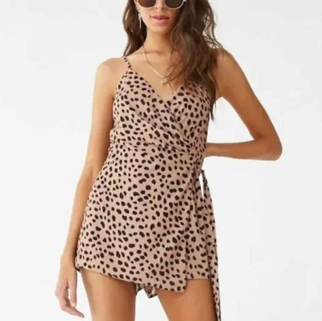 FOREVER 21 LEOPARD PRINT WRAP AROUND ROMPER DRESS MEDIUM LARGE