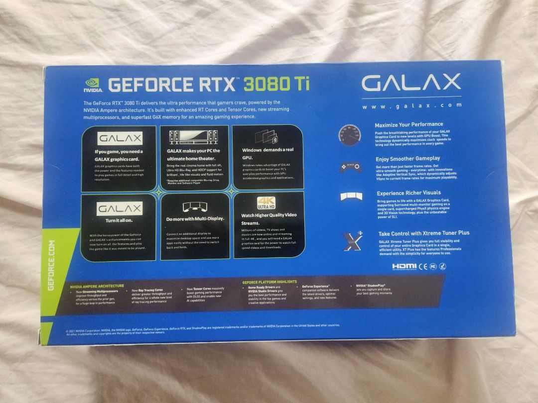 Galax geforce rtx 3080 ti (Category: Computer Parts) located in Manila. Submitted by sound.solution (Listing ID 1246024709, Image 2). Description: brand new sealed unopened galax geforce rtx 3080 ti 2nd Gen Ray Tracing Cores 3rd Gen Tensor Cores PCI Express® Gen 4 Microsoft® DirectX® 12 Ultimate GDDR6X Graphics Memory NVIDIA DLSS NVIDIA® GeForce Experience™ NVIDIA G-SYNC® NVIDIA GPU Boost™ Game Ready Drivers Vulkan RT API, OpenGL 4.6 DisplayPort 