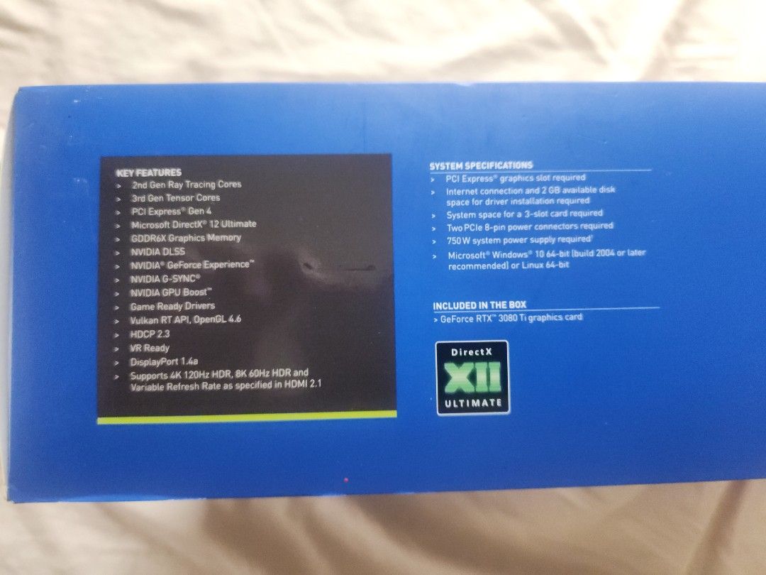 Galax geforce rtx 3080 ti (Category: Computer Parts) located in Manila. Submitted by sound.solution (Listing ID 1246024709, Image 3). Description: brand new sealed unopened galax geforce rtx 3080 ti 2nd Gen Ray Tracing Cores 3rd Gen Tensor Cores PCI Express® Gen 4 Microsoft® DirectX® 12 Ultimate GDDR6X Graphics Memory NVIDIA DLSS NVIDIA® GeForce Experience™ NVIDIA G-SYNC® NVIDIA GPU Boost™ Game Ready Drivers Vulkan RT API, OpenGL 4.6 DisplayPort 