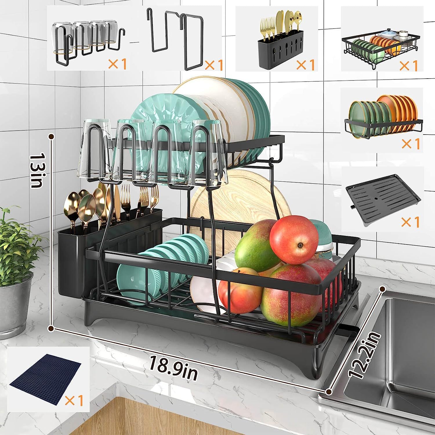 Godboat Dish Drying Rack 2 Tier Dish Racks for Kitchen Counter Dish Rack with Drainboard and