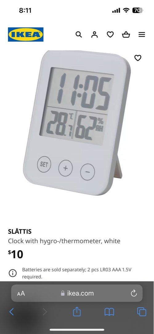 IKEA Digital Clock with hygro/thermometer, white, Furniture & Home