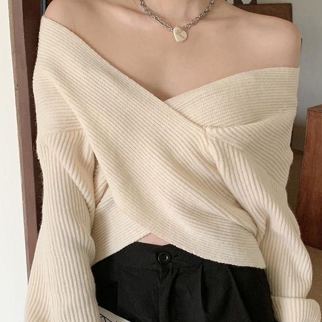 Knitted Off Shoulder Criss Cross Sweater Women s Fashion Tops