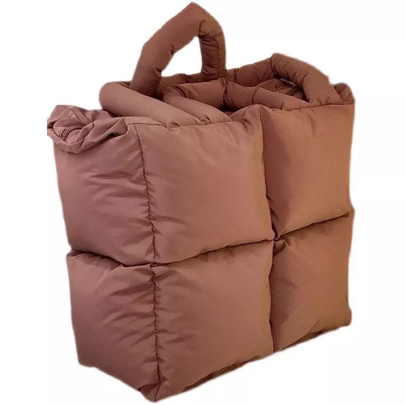 Brown Puffer Bag Quilted Tote Bag Puff Shoulder Pillow Down Padded