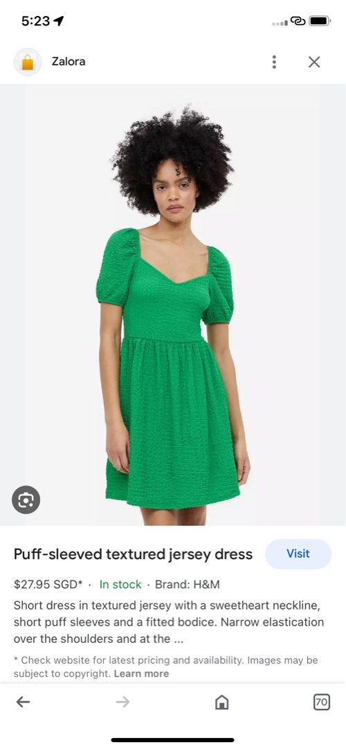 MOS h m green puff sleeve textured jersey dress Women s Fashion