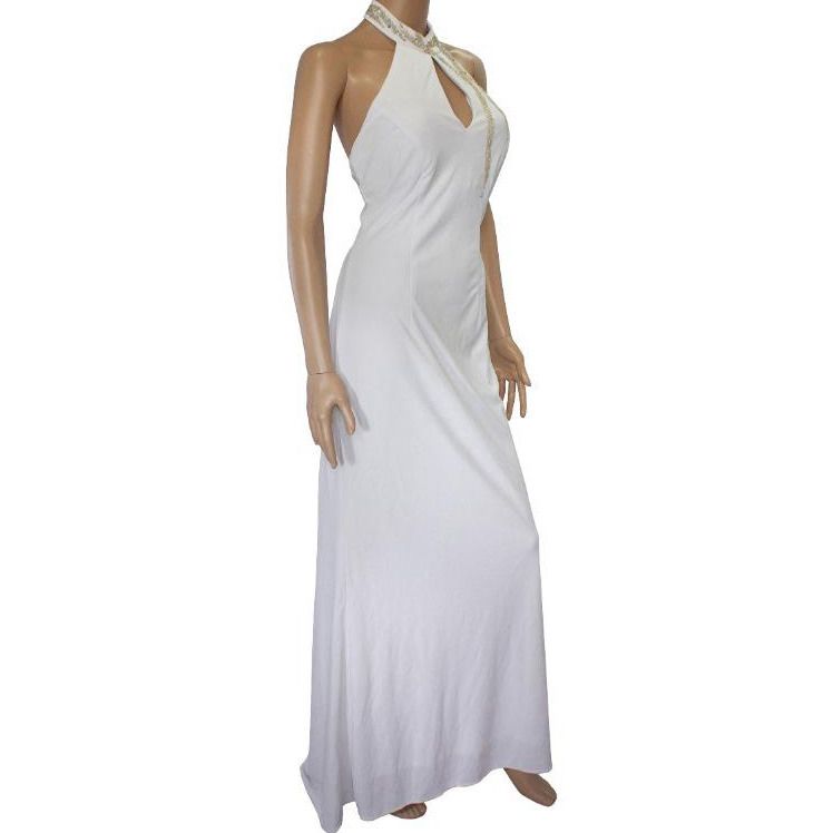 NWT NightWay Collections White Silver Embellished Halter Gown Dress