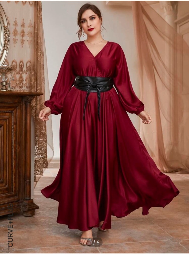 Shein plus size belted flowing satin dress, Women's Fashion