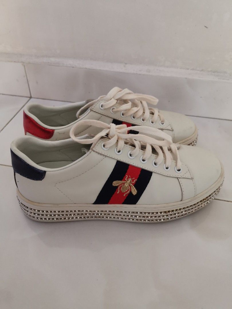 White Canvas And Leather Ace Crystal Embellished Trainers